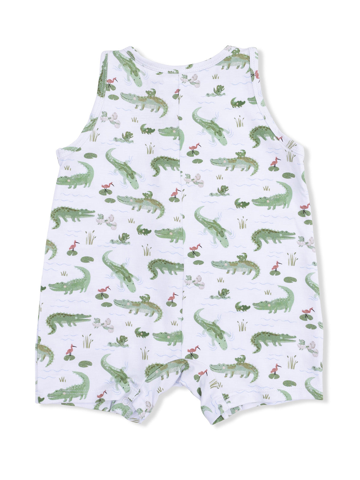 Green alligator-patterned romper with a sleeveless design and snap closure for easy changing.