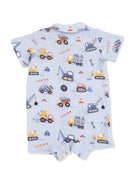 Light blue baby onesie with colorful construction vehicle prints. Soft fabric suitable for toddlers.