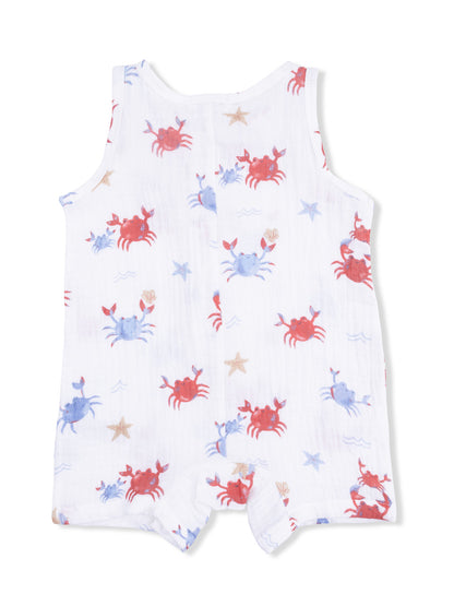White romper with colorful crab and starfish patterns, perfect for summer outings.