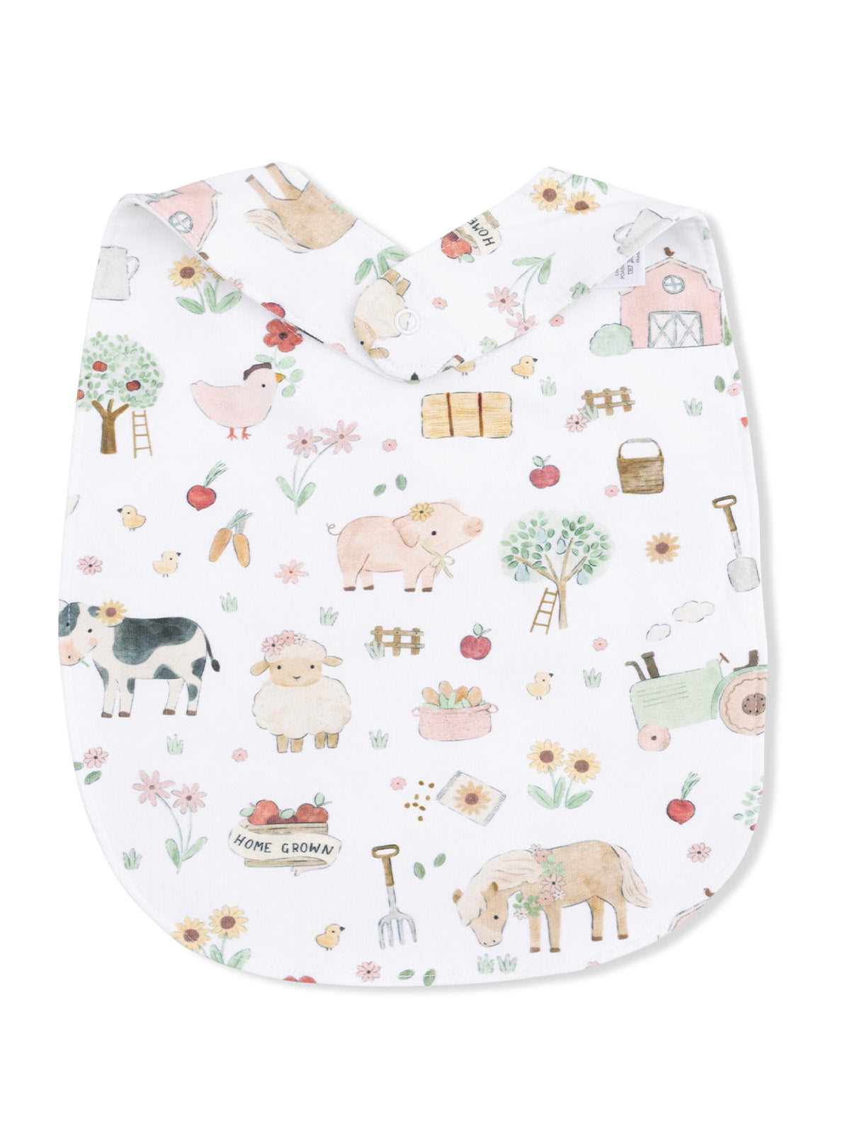 Baby bib with a whimsical farm animal and garden pattern, featuring pigs, cows, sheep, and flowers.