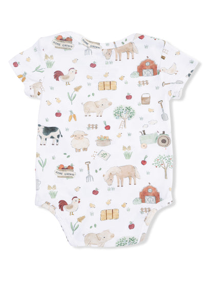 Farm-themed baby onesie featuring various animals and crops in a colorful, playful design.