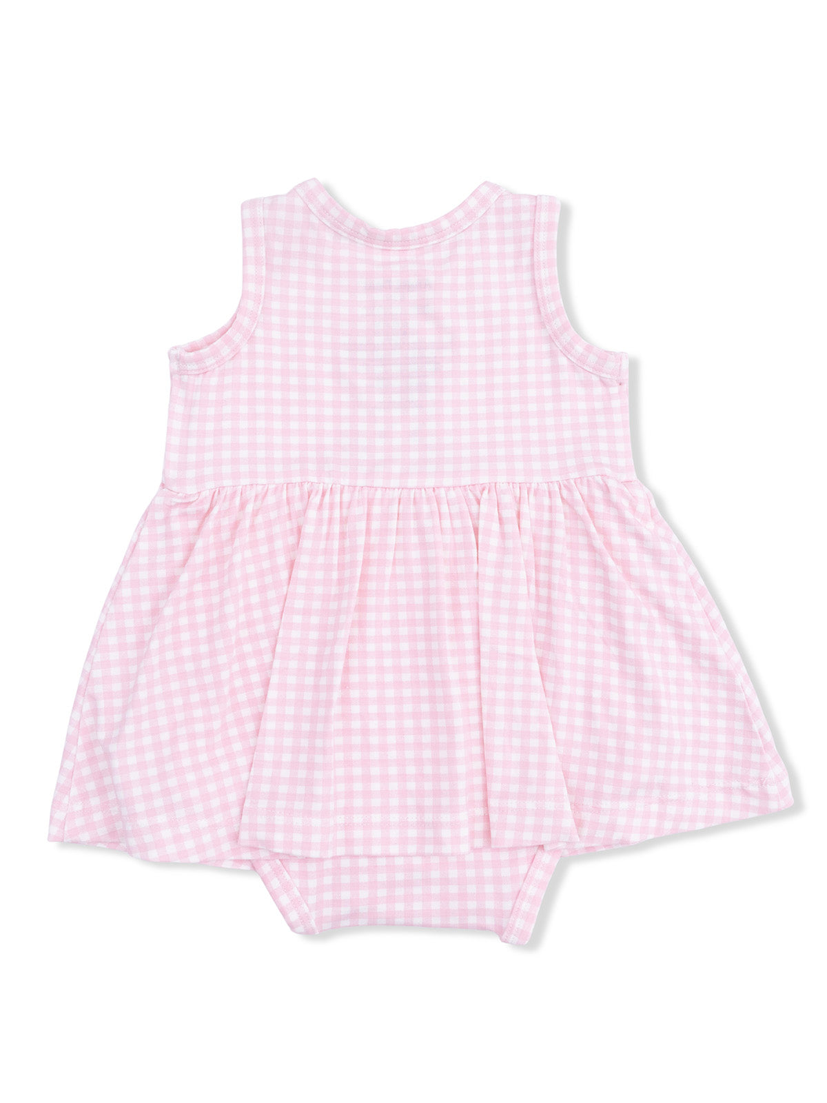 Pink checkered dress for infants, featuring a sleeveless design and a flared skirt.