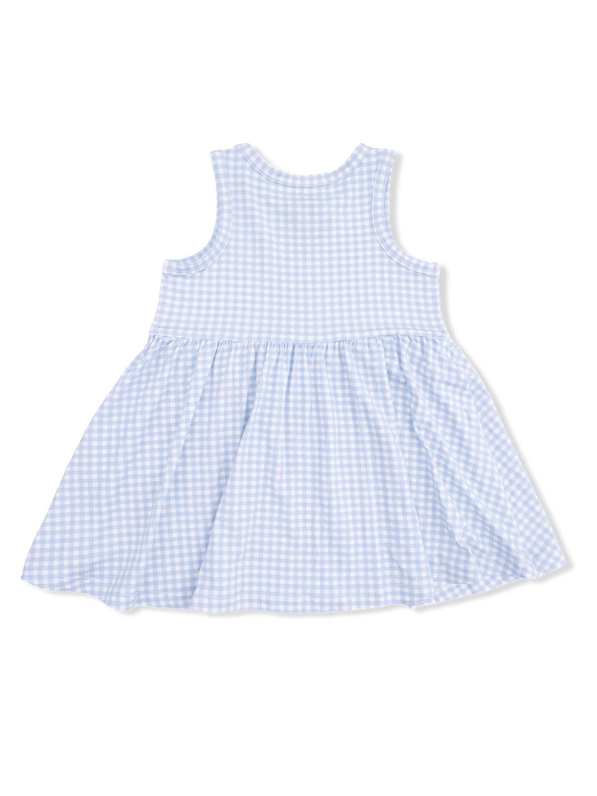 Light blue gingham dress with a flared skirt, viewed from the back.