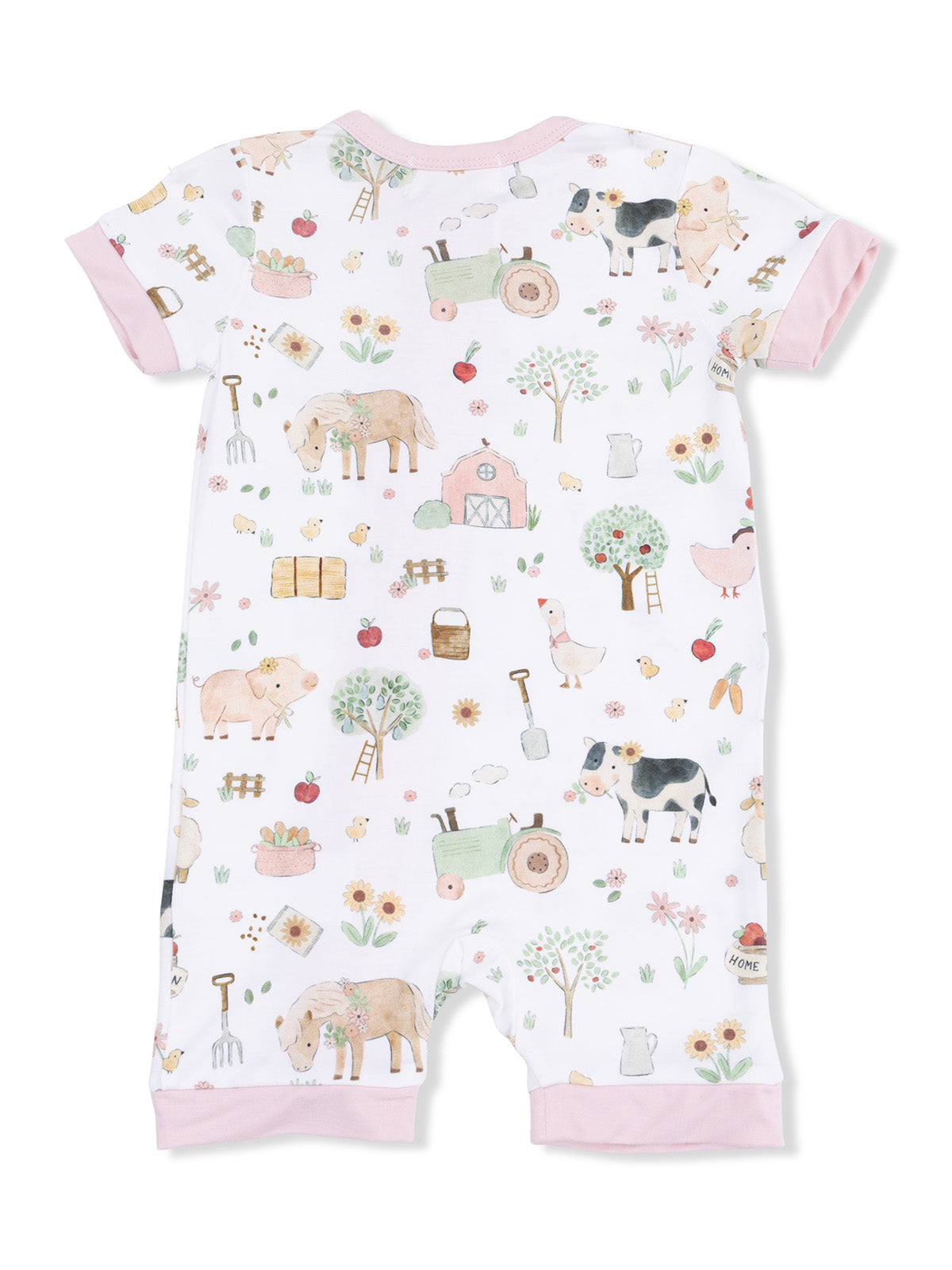 Baby romper with a colorful farm animal print, featuring cows, pigs, horses, and garden elements.