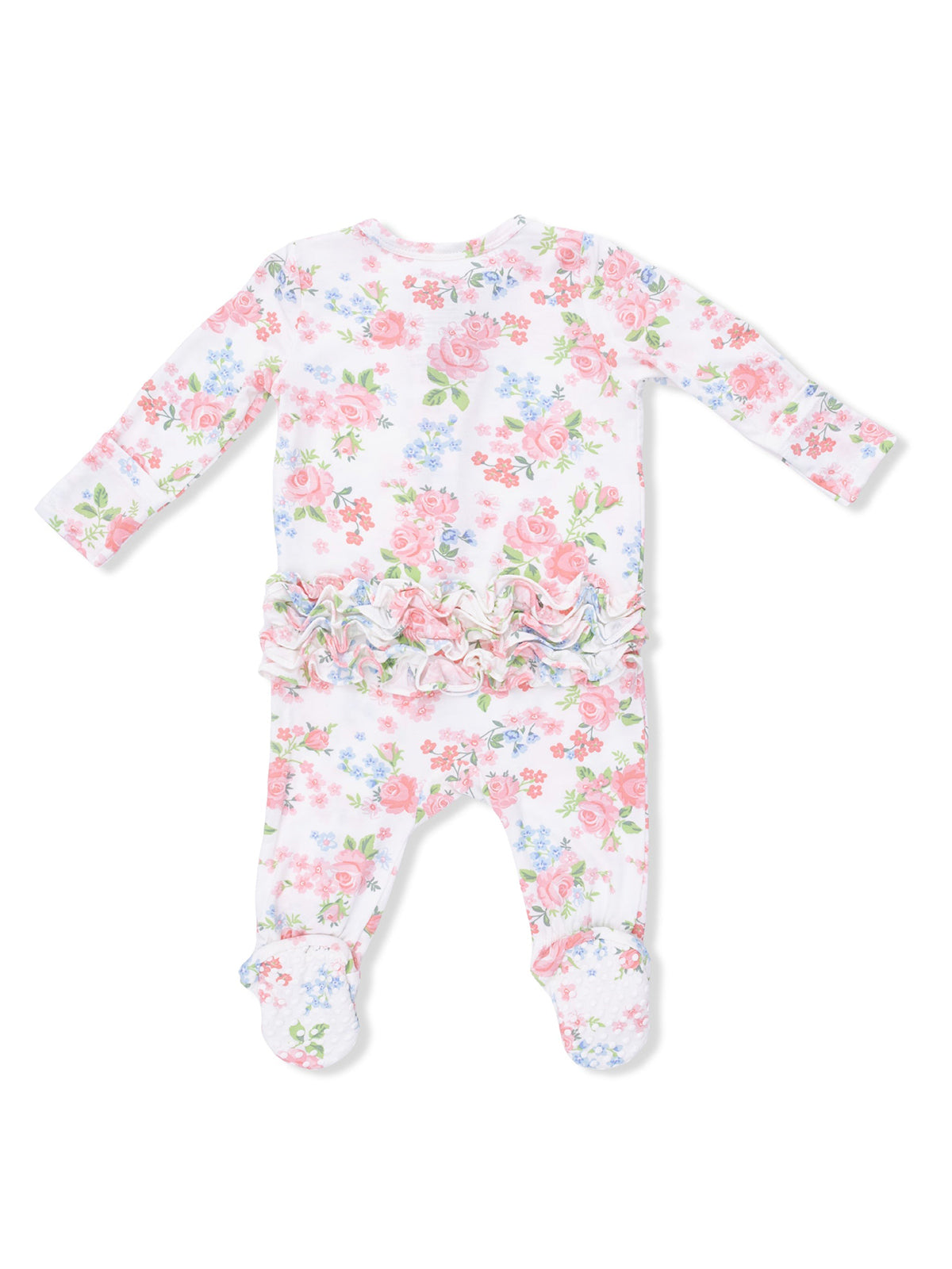 Floral print infant onesie with long sleeves and ruffled details at the waist, featuring footed legs.