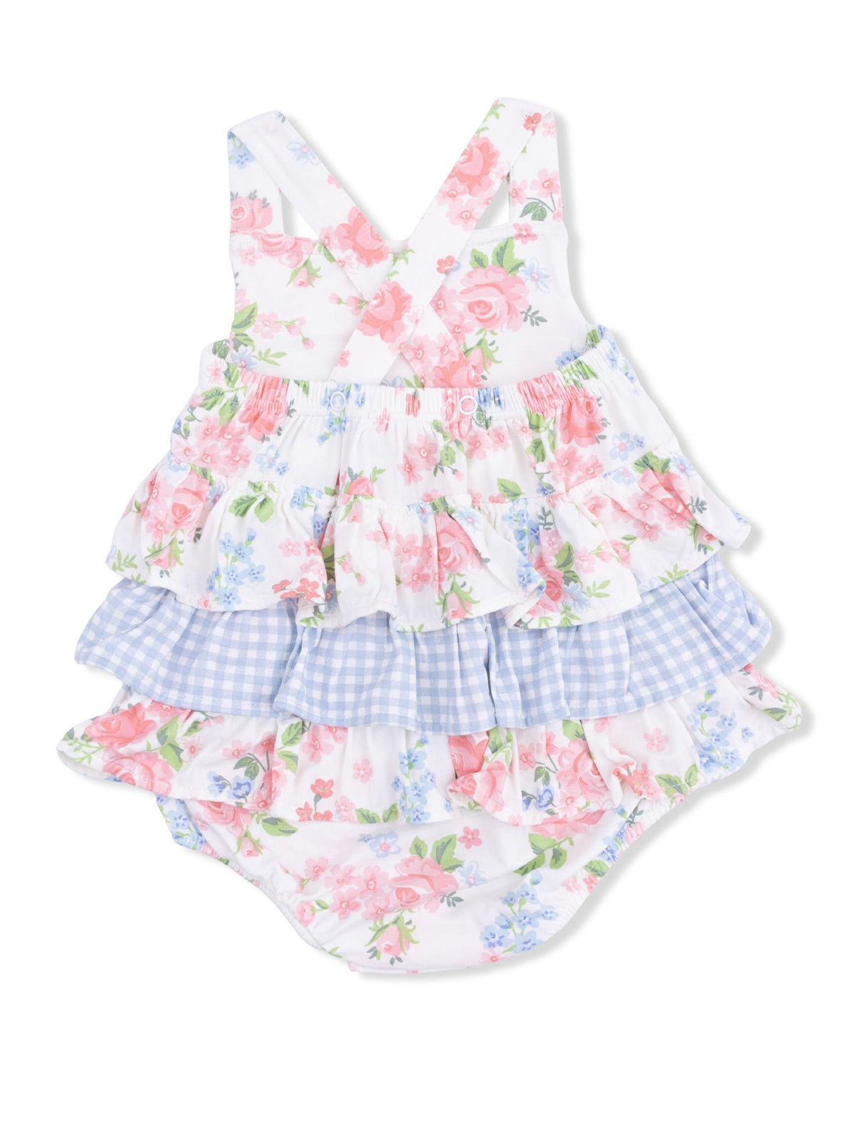 Floral baby romper with ruffles and blue gingham details, perfect for spring and summer wear.