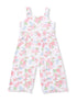 Floral-print jumpsuit with pink roses and blue flowers on a white background. Ideal for warm weather wear.
