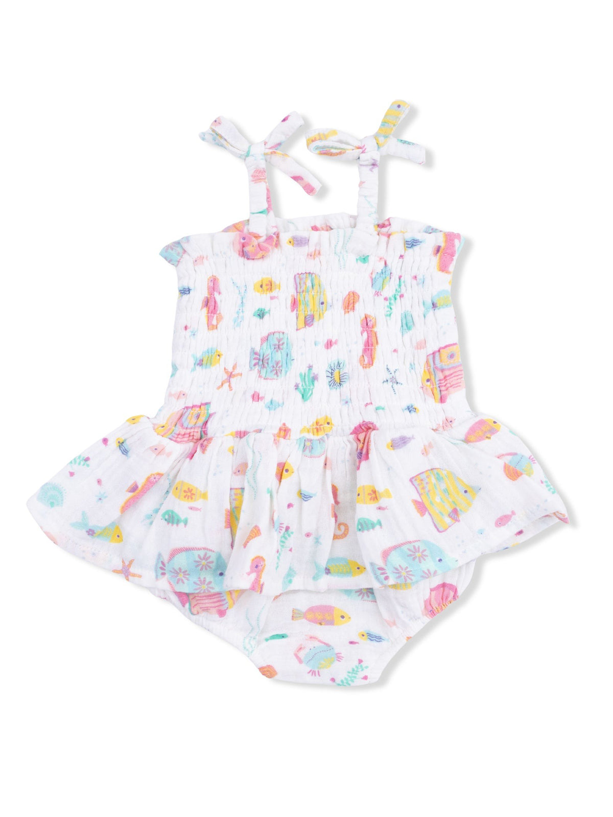 Colorful toddler sundress with fish and sea-themed prints, featuring adjustable straps and a ruffled hem.