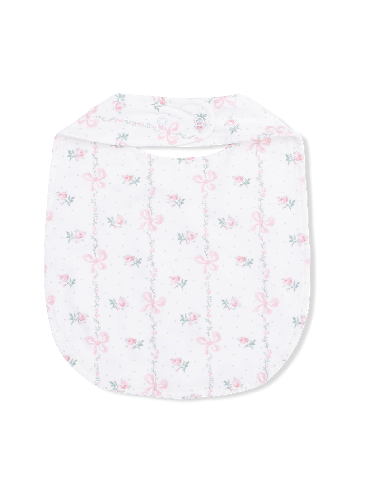 White baby bib with delicate floral patterns and pink bows, featuring a snap closure at the top.
