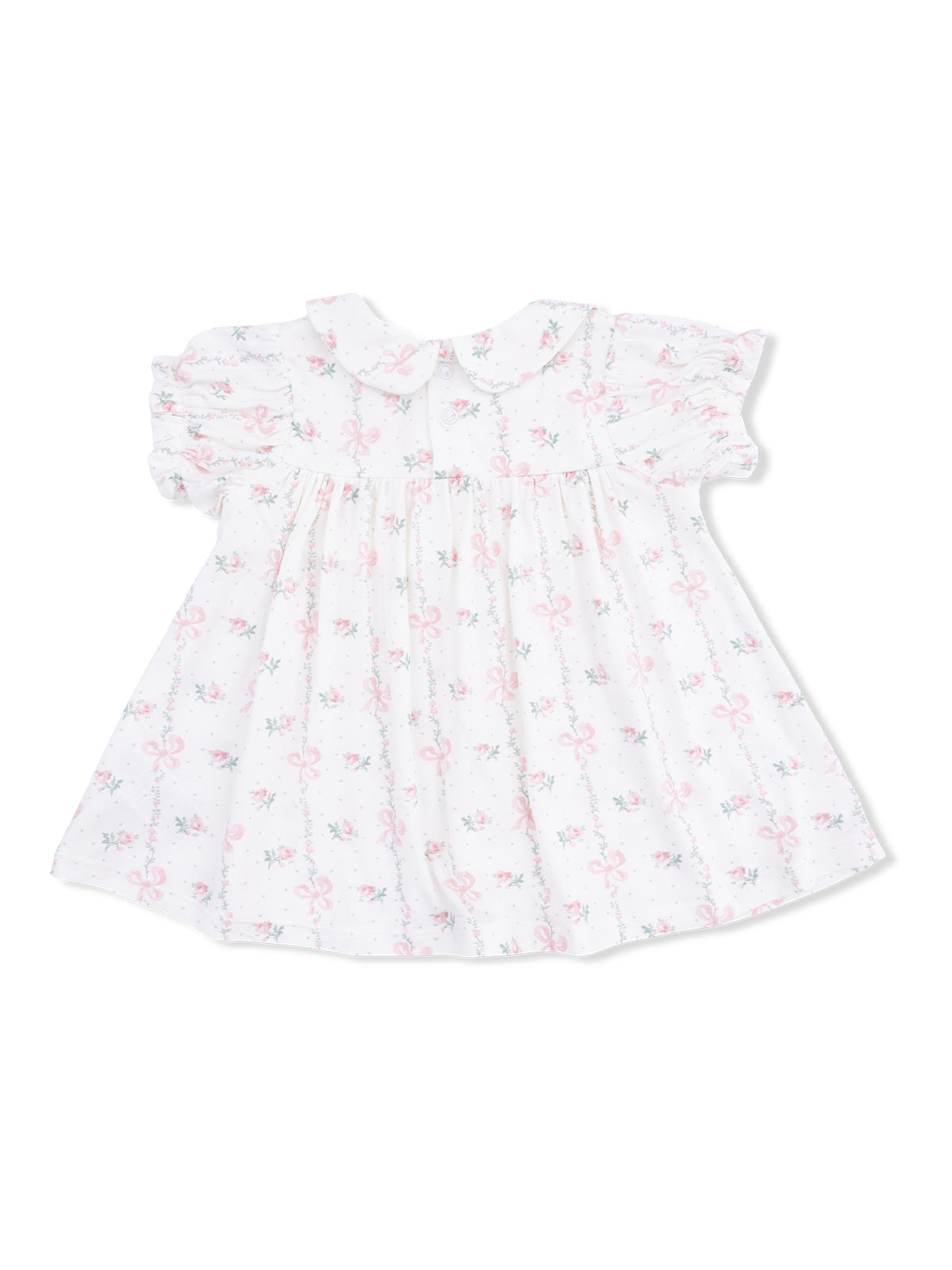 White toddler dress with pink floral patterns and a collar, featuring puff sleeves and a flared skirt.