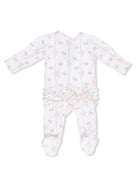 White baby onesie with pink floral and ribbon patterns, featuring ruffled detailing on the back.