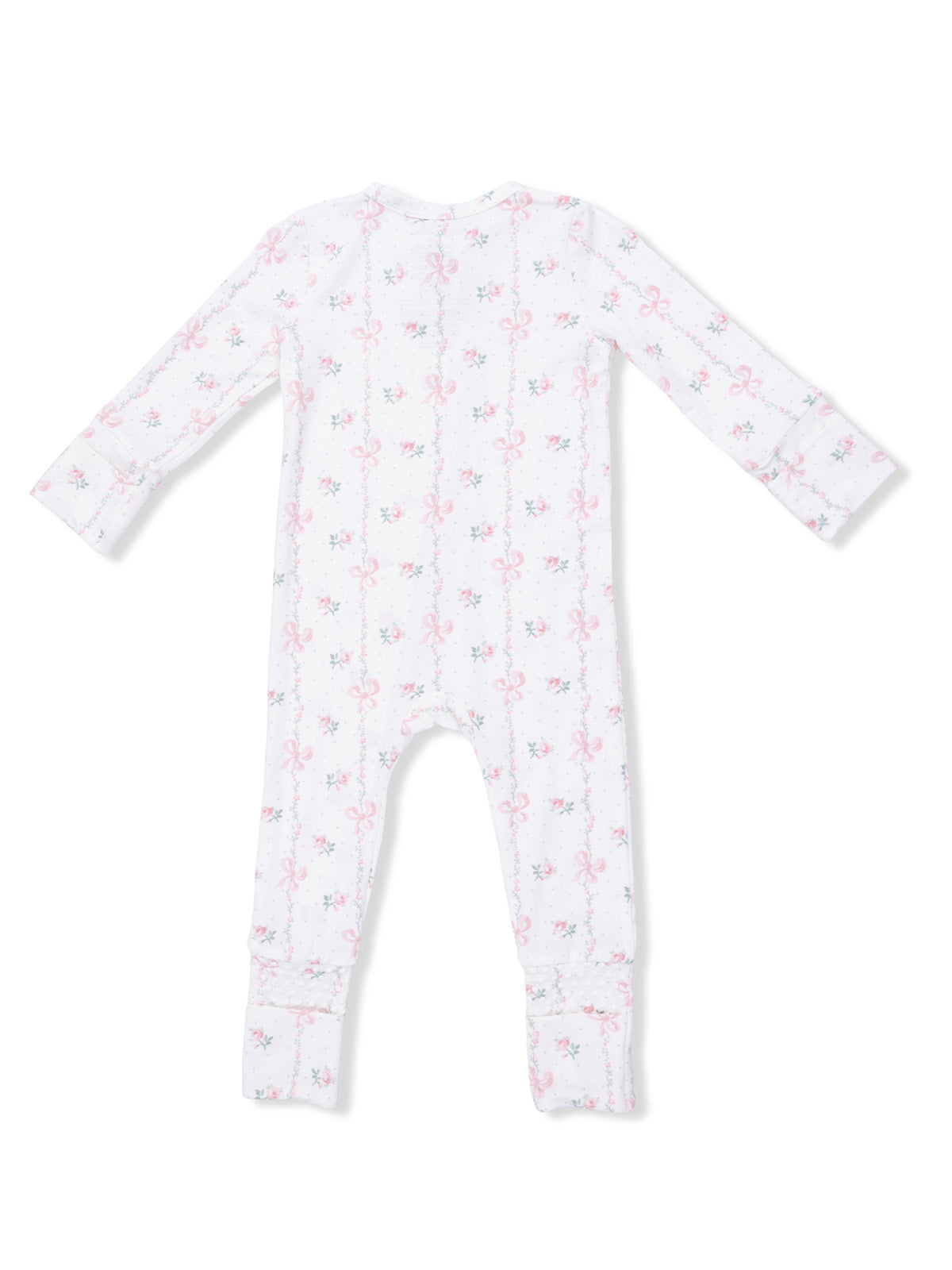 Back view of a floral baby onesie with pink bows on a white background.