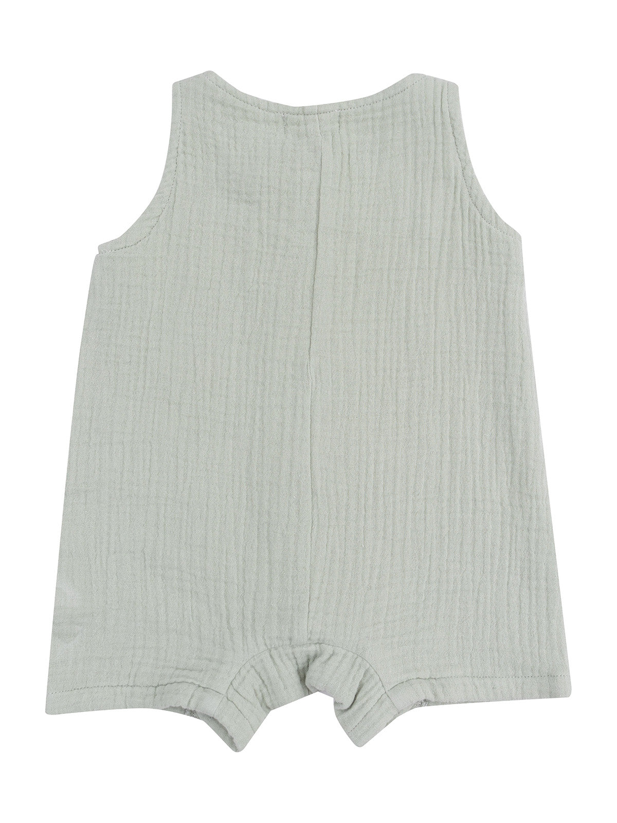 Light gray baby romper with a textured fabric and sleeveless design, showing the back view.