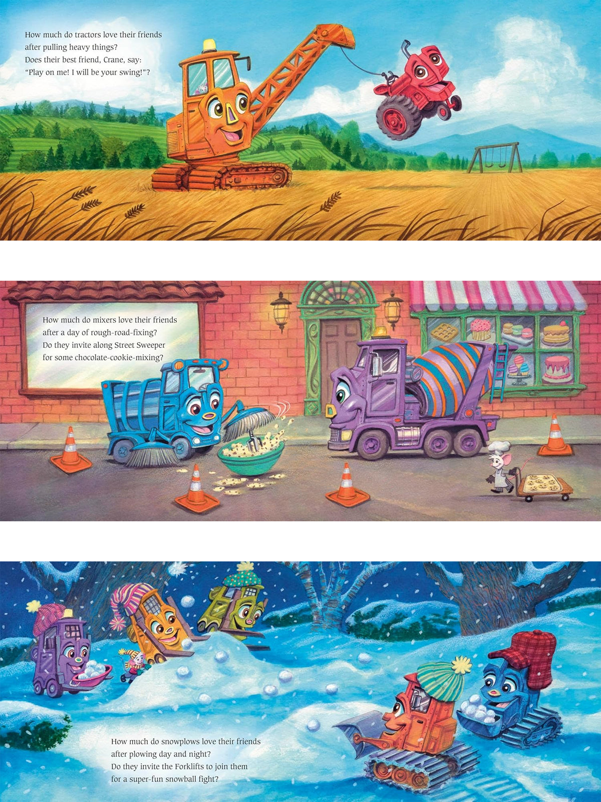 Colorful illustrations of friendly construction vehicles engaging in fun activities together.