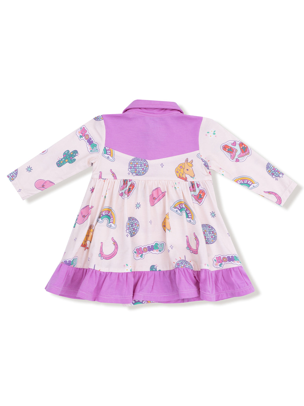 Back view of a colorful dress featuring playful patterns and a purple collar and hemline. Ideal for children.
