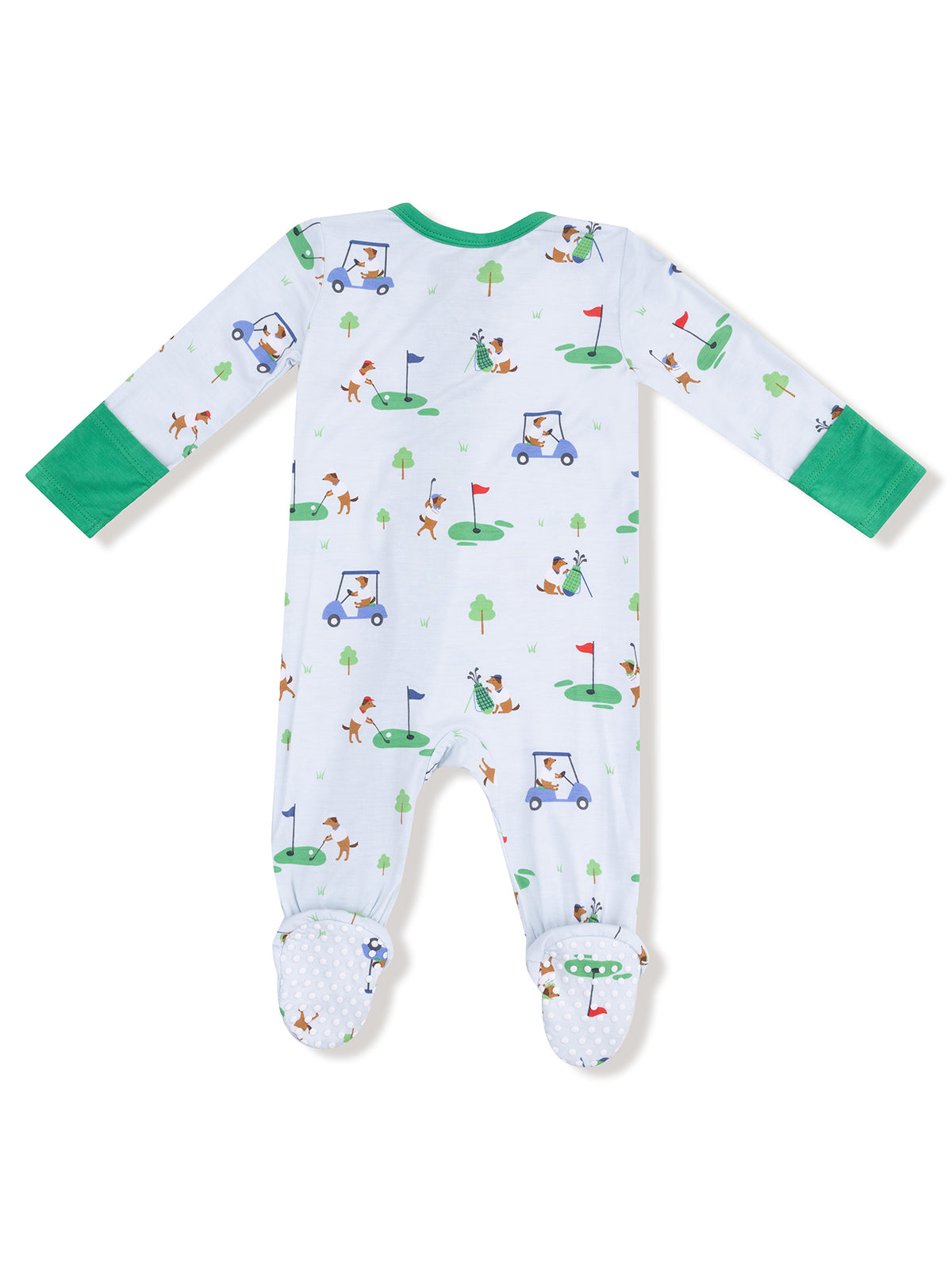 Baby pajama suit with a playful golf theme, featuring green accents and cartoon dogs on a light blue background.