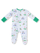 Baby pajama suit with a playful golf theme, featuring green accents and cartoon dogs on a light blue background.