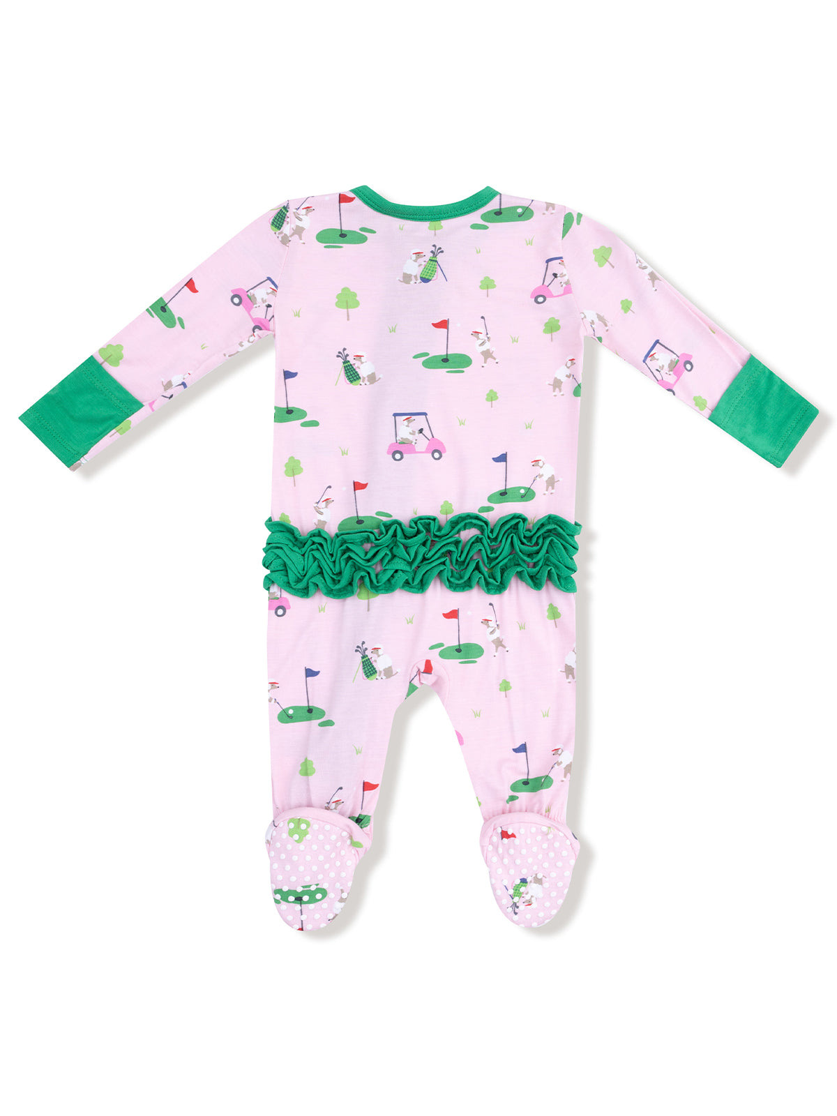 Pink golf-themed romper with long sleeves, green accents, and ruffled trim; features footed design and playful print.