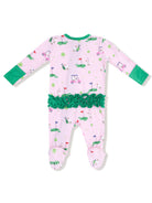 Pink golf-themed romper with long sleeves, green accents, and ruffled trim; features footed design and playful print.