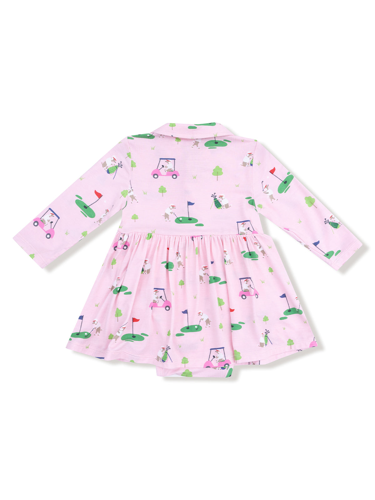 Pink dress with golf-themed print, featuring cars, trees, and golfers, designed for children.
