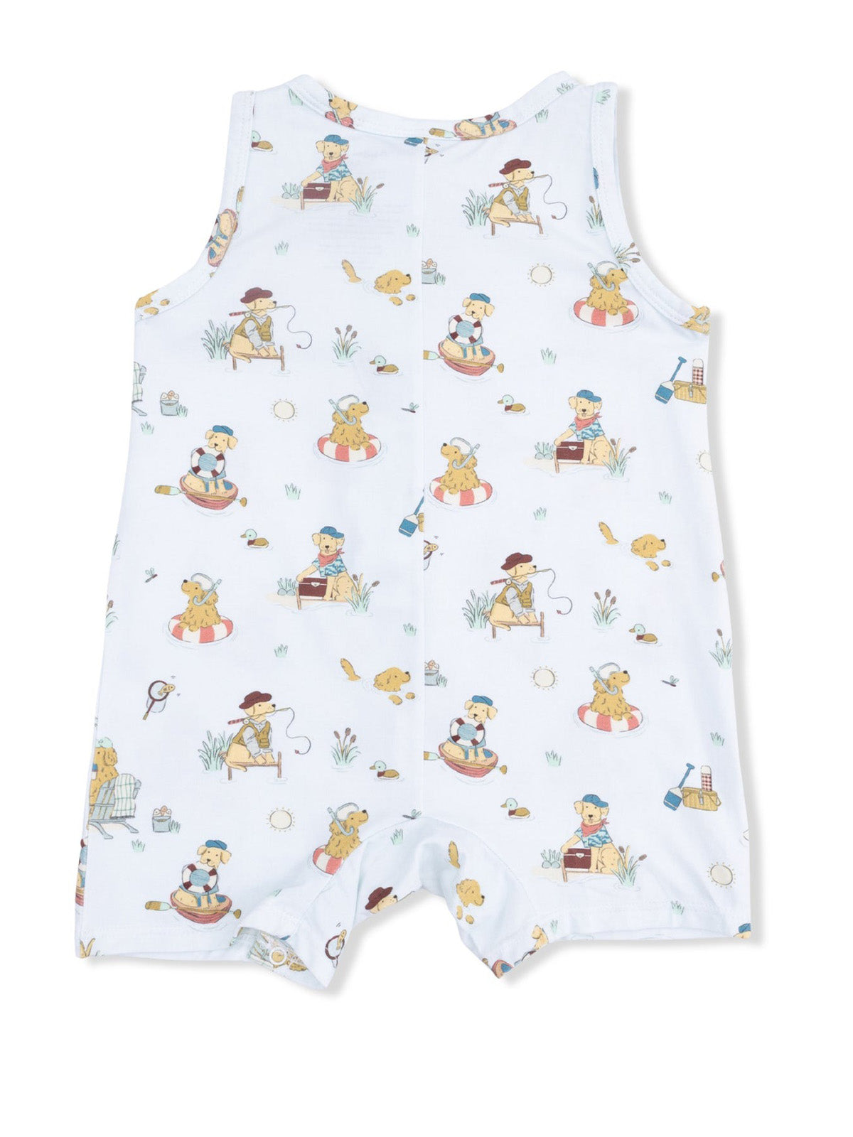 White toddler romper featuring playful animal and outdoor patterns in soft pastel colors.