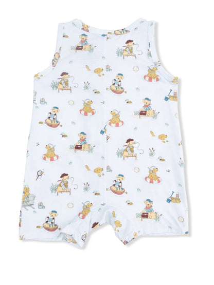 White toddler romper featuring playful animal and outdoor patterns in soft pastel colors.