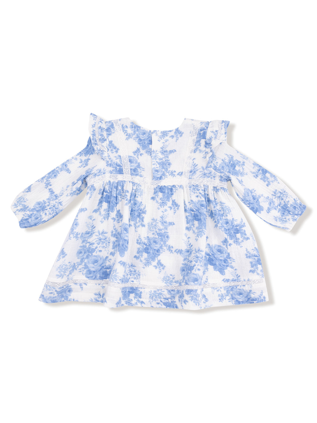 Blue floral dress with ruffled sleeves, designed for young girls, featuring a lightweight and flowy fabric.