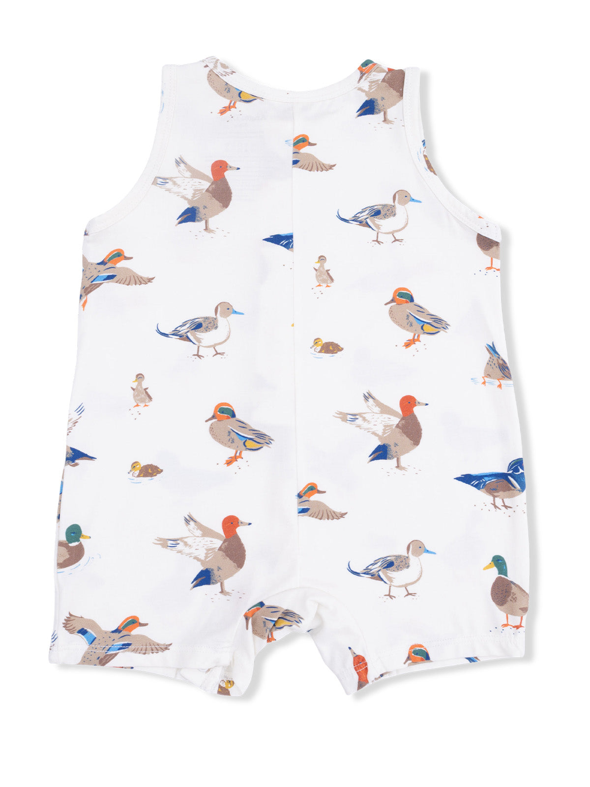 White romper adorned with colorful duck illustrations, suitable for infants or toddlers.