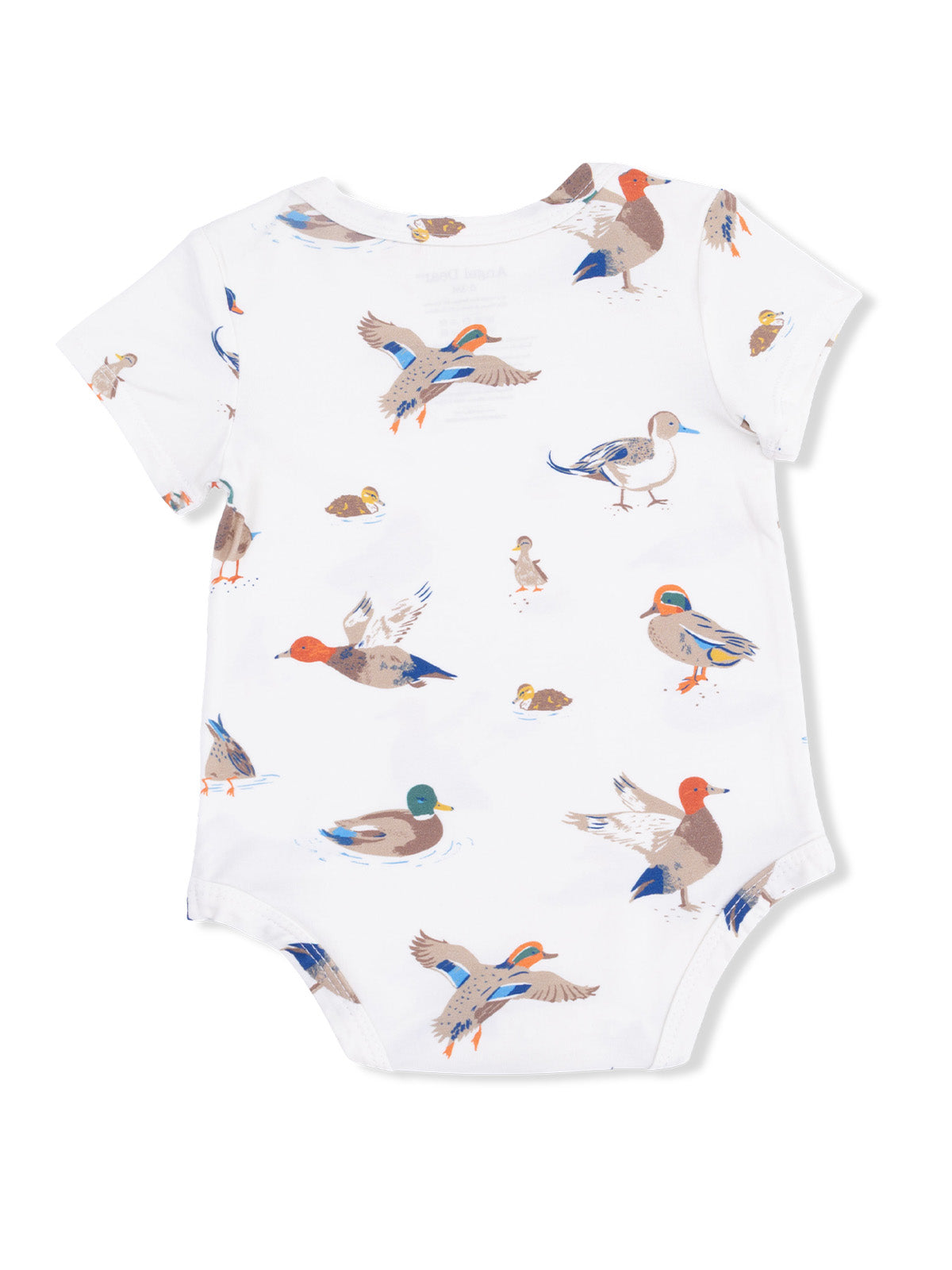 White baby onesie with colorful duck illustrations throughout the fabric.