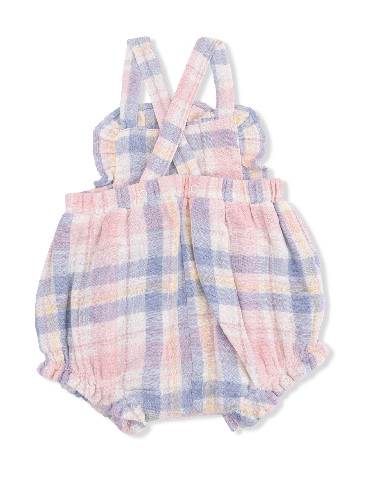Pastel plaid baby romper with ruffled straps and elasticized legs, perfect for warm weather wear.