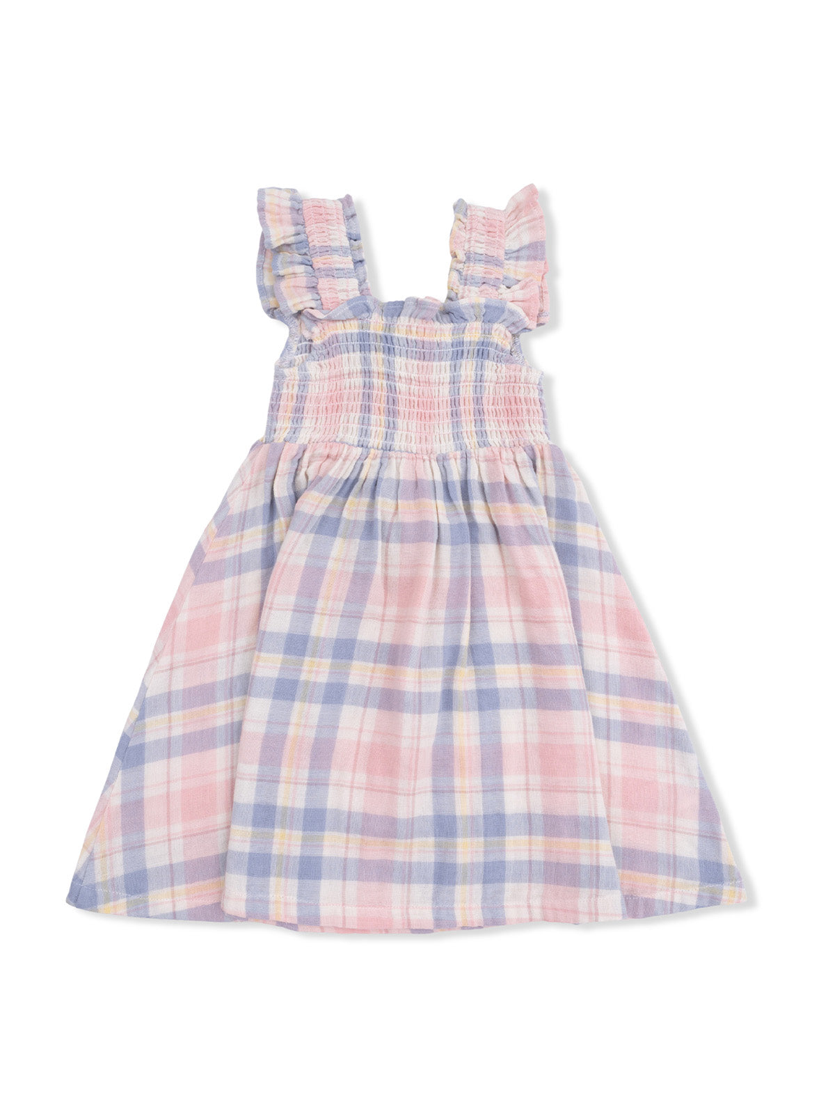 Light plaid dress with ruffled straps in pink, blue, and yellow hues, featuring a smocked bodice.