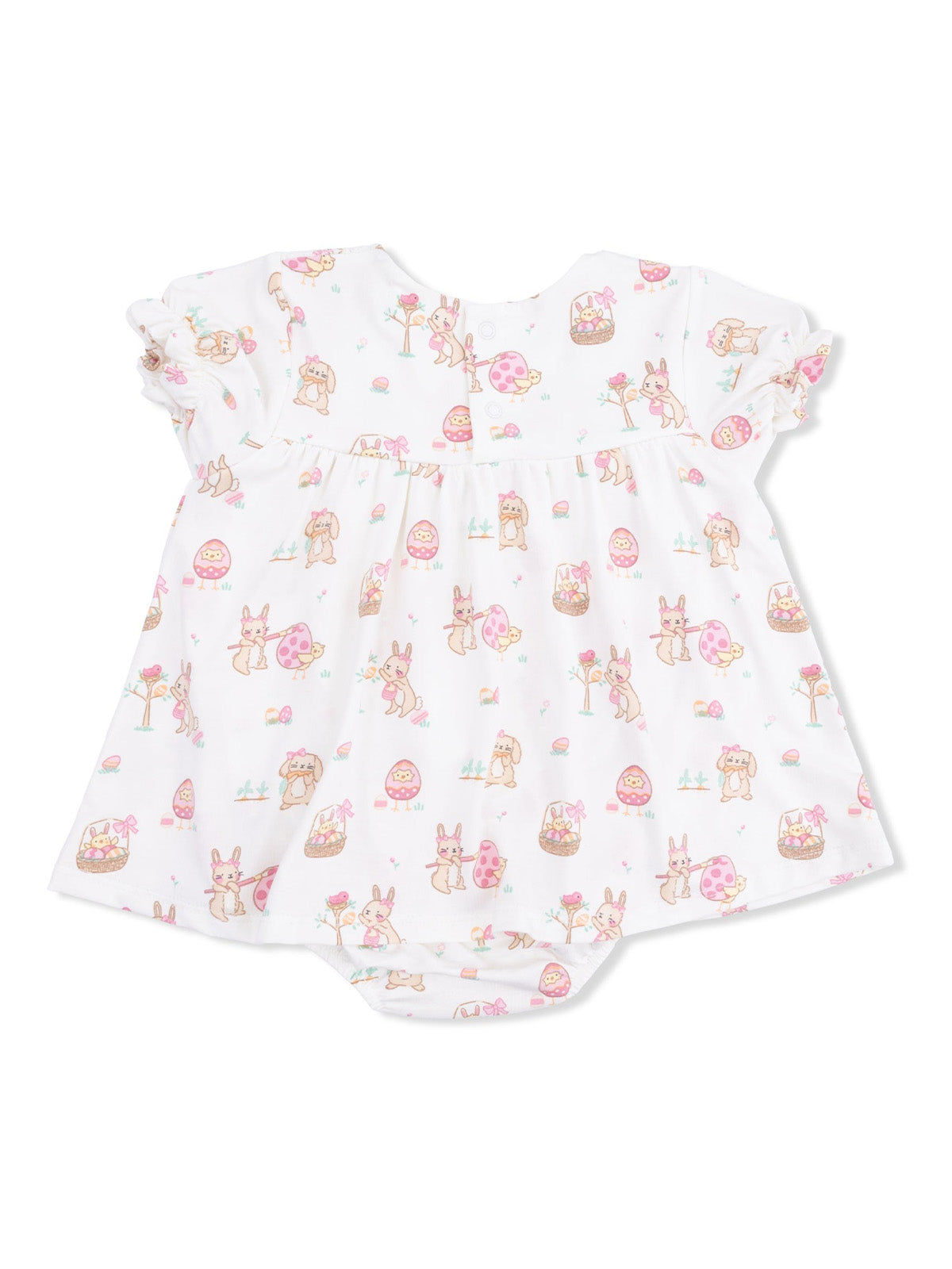Toddler dress with pastel bunny print and ruffled sleeves, perfect for springtime and Easter celebrations.