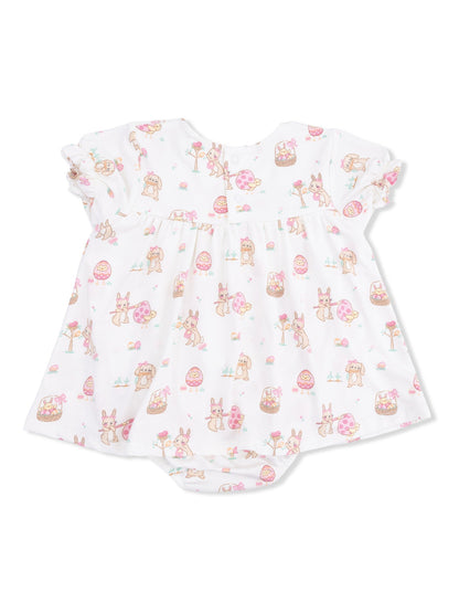 Toddler dress with pastel bunny print and ruffled sleeves, perfect for springtime and Easter celebrations.
