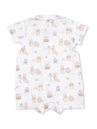 Child's short-sleeve romper featuring cute animals and Easter-themed patterns in pastel colors.