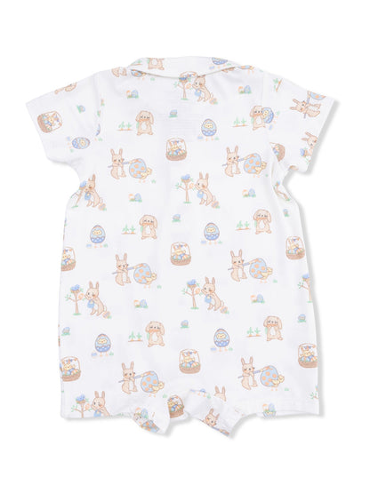 Child's short-sleeve romper featuring cute animals and Easter-themed patterns in pastel colors.