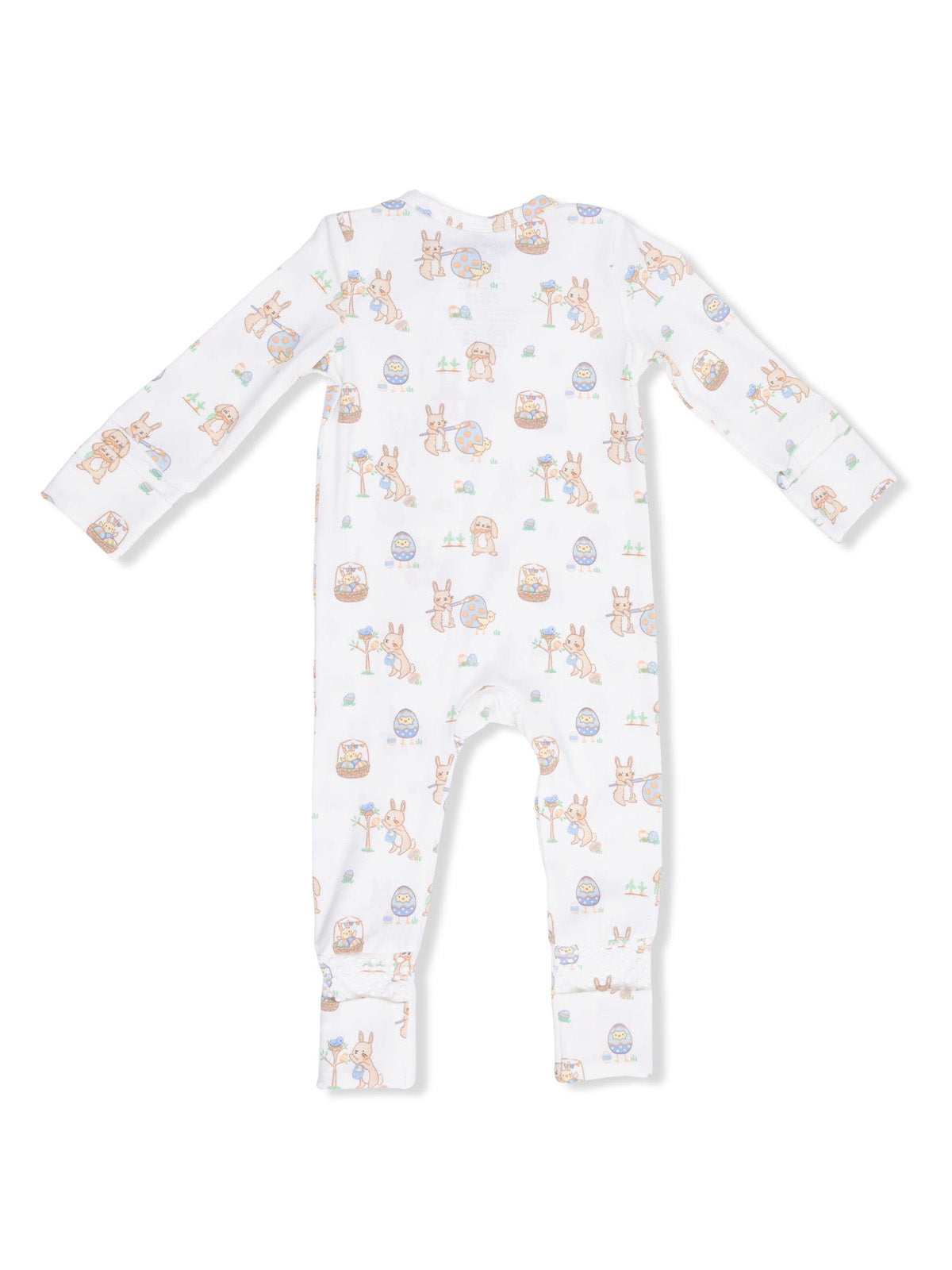 White baby onesie with colorful animal prints and Easter-themed designs on the back.