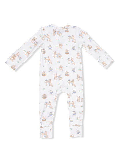 White baby onesie with colorful animal prints and Easter-themed designs on the back.