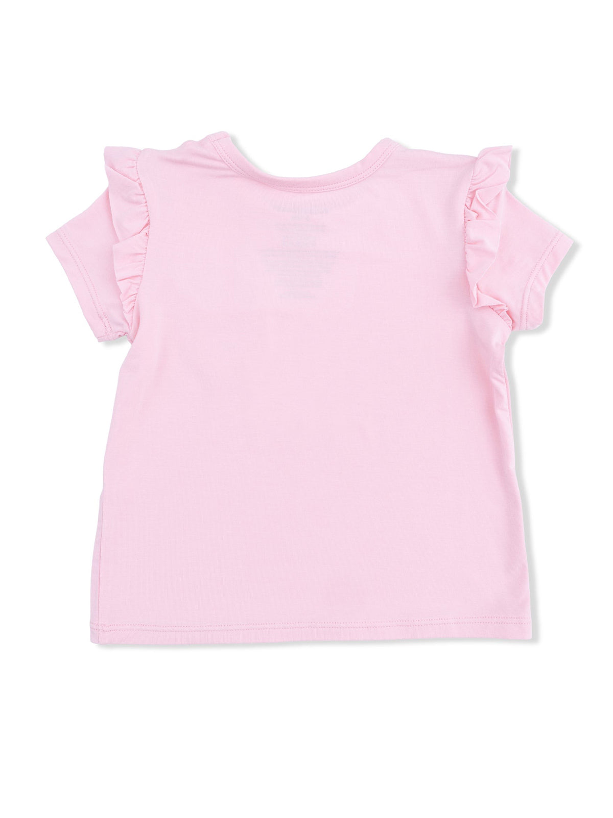 Light pink girls' t-shirt with ruffled sleeves, view of the back.