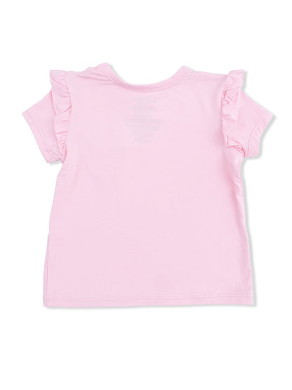 Light pink girls' t-shirt with ruffled sleeves, view of the back.