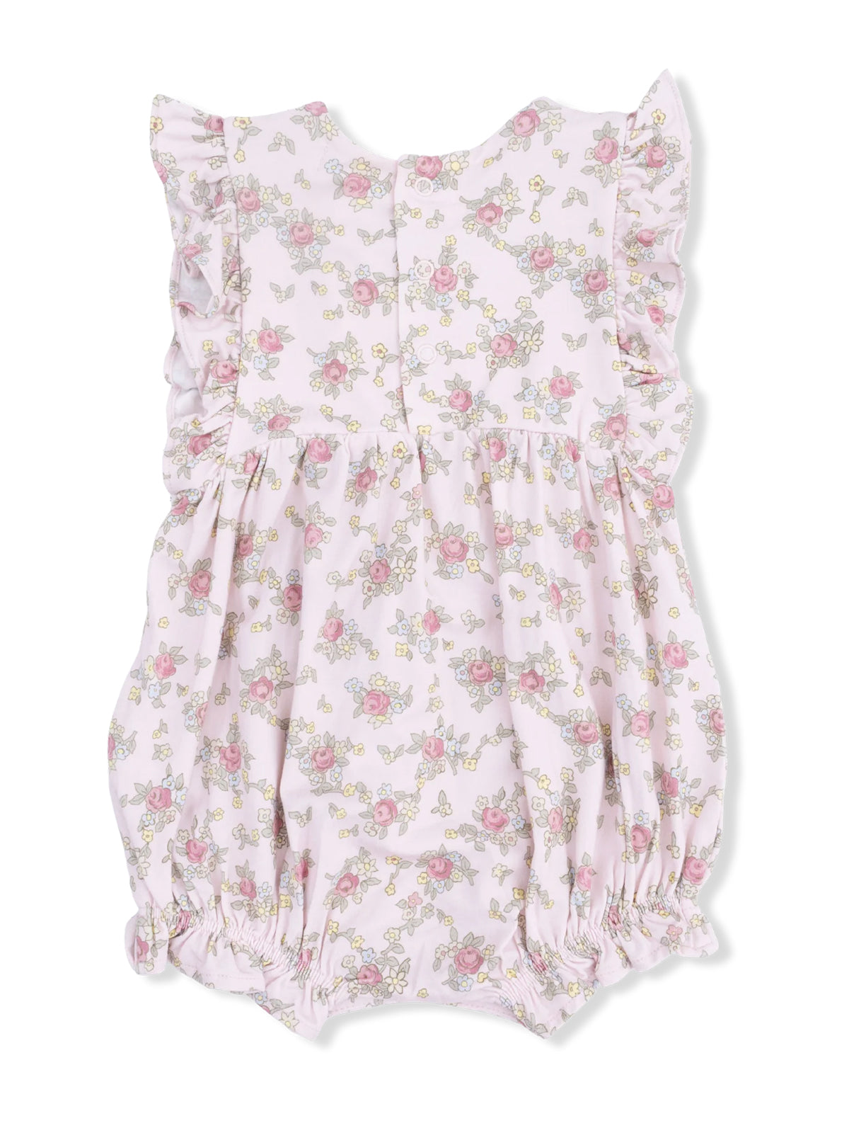 Floral baby romper in soft pink with ruffled shoulders and elasticated bottom, adorned with pink roses and yellow flowers.