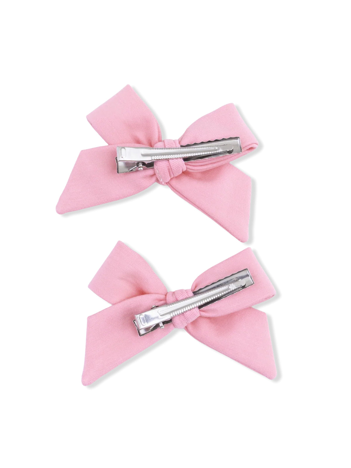 Two pink fabric hair bows with clips, arranged symmetrically. Ideal for children's hairstyles.