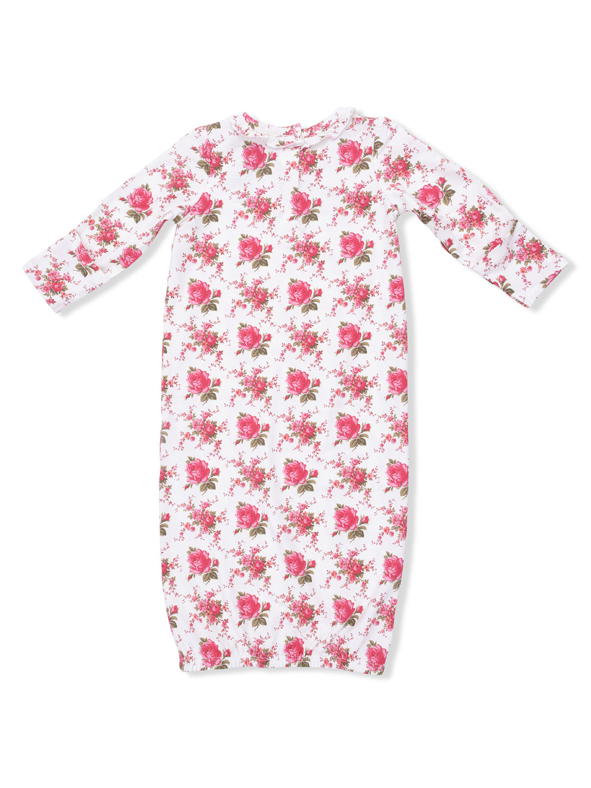 Long-sleeve floral dress featuring pink roses on a white background, designed for infants.