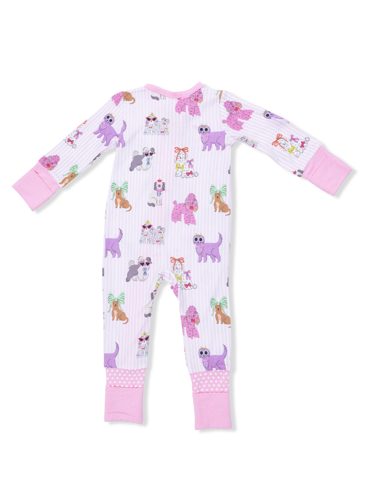 Purple dog-print pajamas with pink cuffs, designed for kids' comfort and fun.