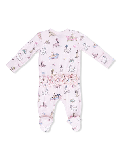 Pink baby onesie with playful animal prints and ruffled detailing on the back. Ideal for comfort and style.