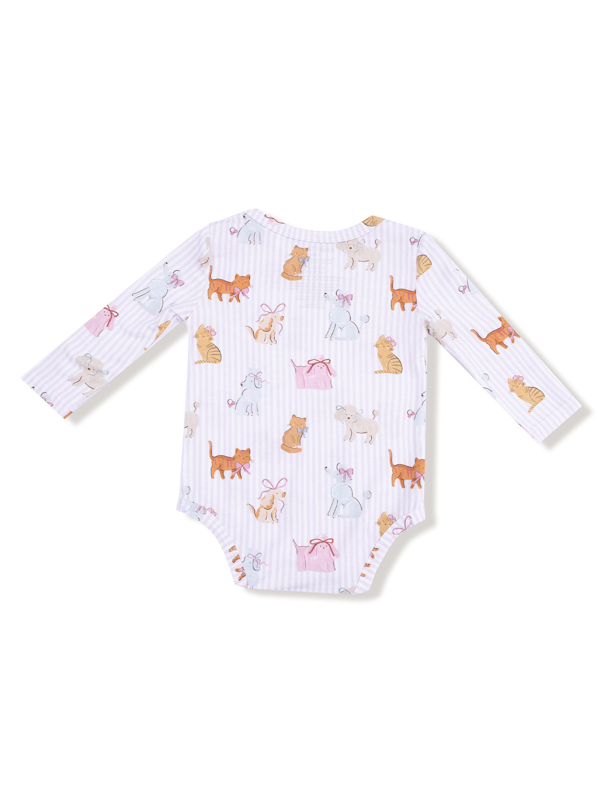 Baby onesie with long sleeves, featuring a playful print of various animals on a light striped background.
