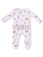 Infant onesie with animal prints and ruffle detailing, featuring long sleeves and footed design.
