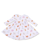 Long-sleeve dress featuring a playful animal print in pastel colors on a striped background.