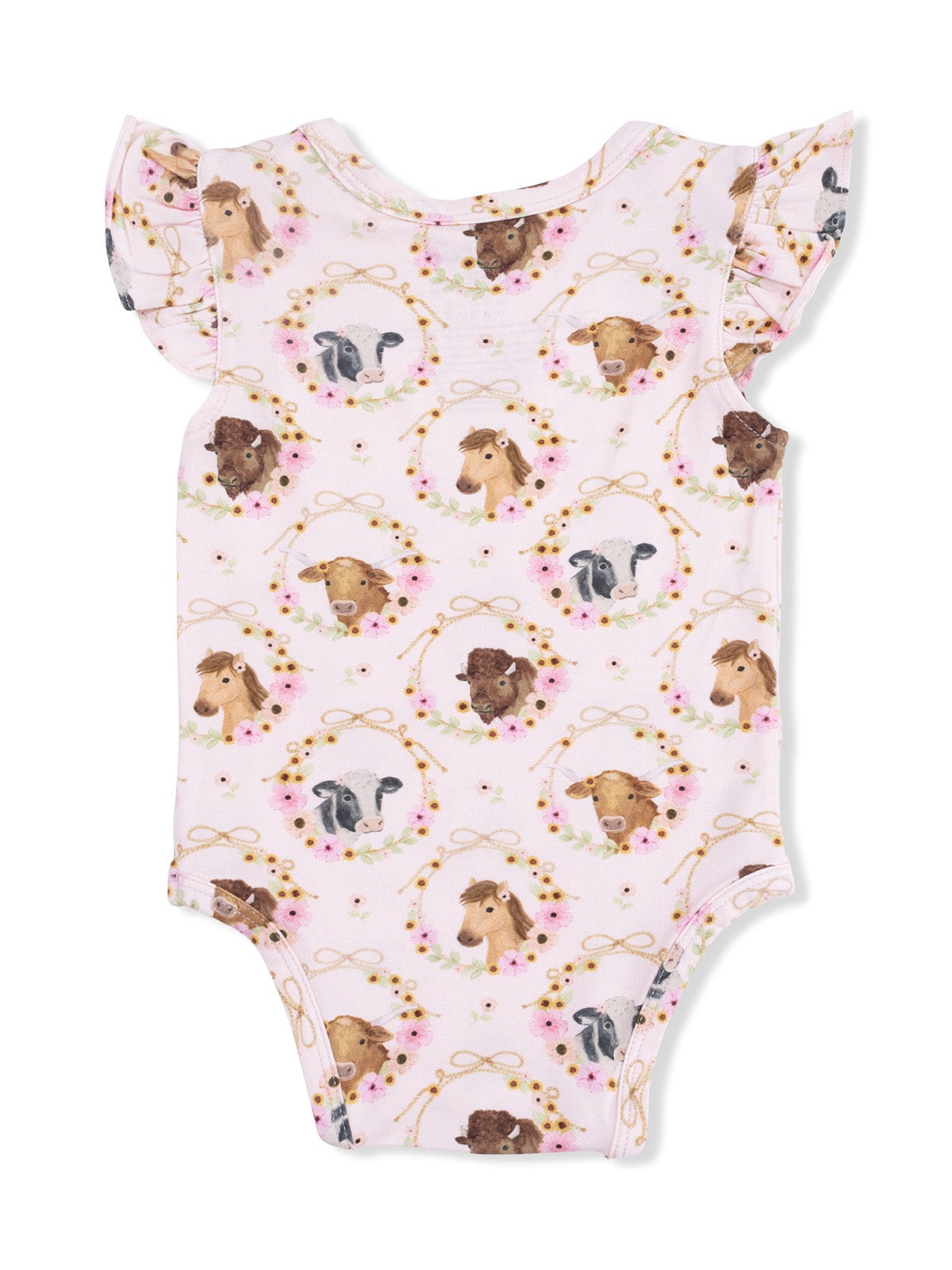 Pink baby onesie with animal faces and floral wreaths, featuring ruffled sleeves for a cute, playful look.
