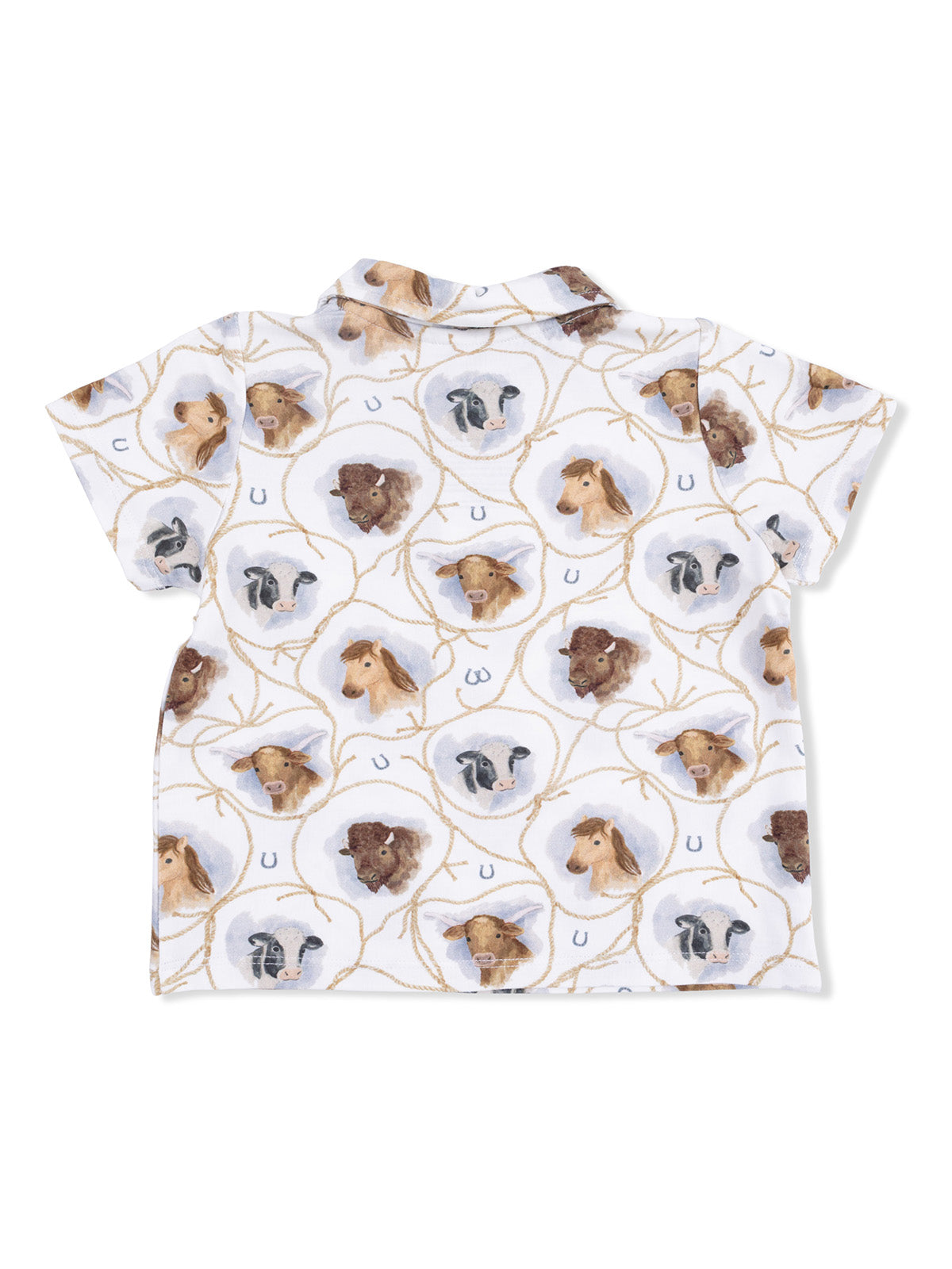 White shirt featuring a playful print of farm animal faces and horseshoes. Ideal for casual wear.