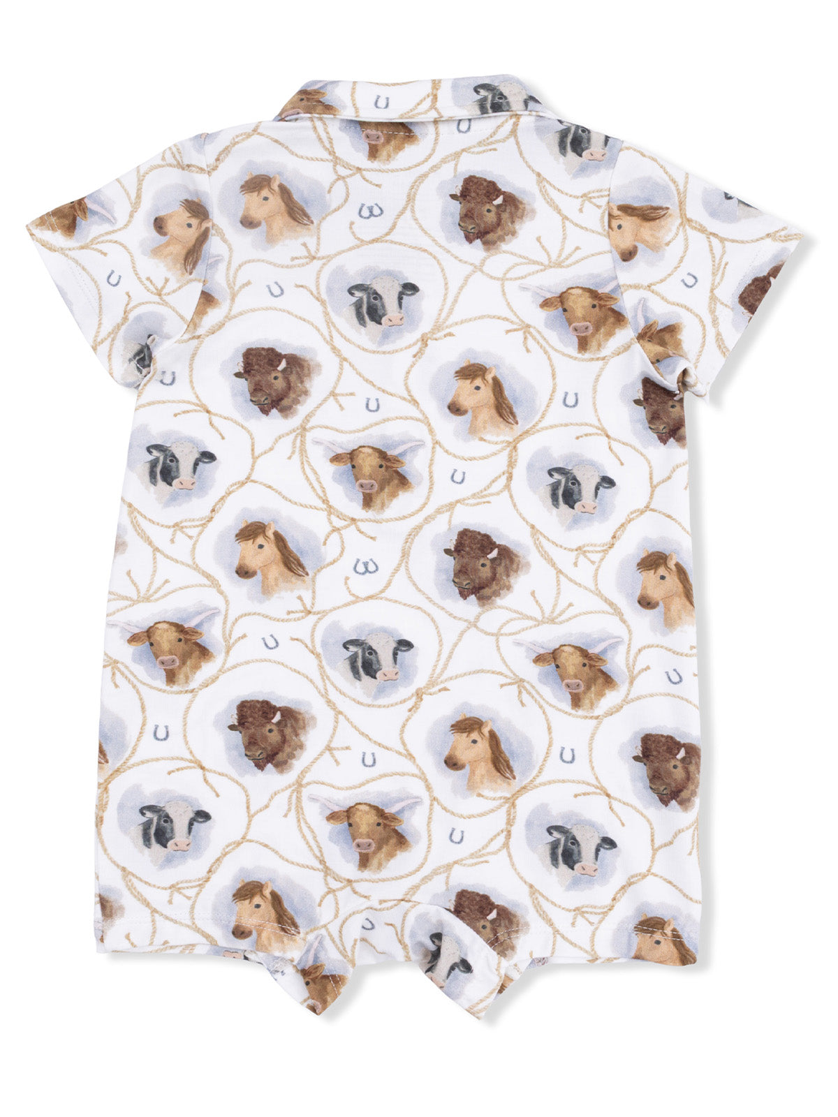 Children's romper featuring a playful pattern of animal heads including cows and horses on a light background.